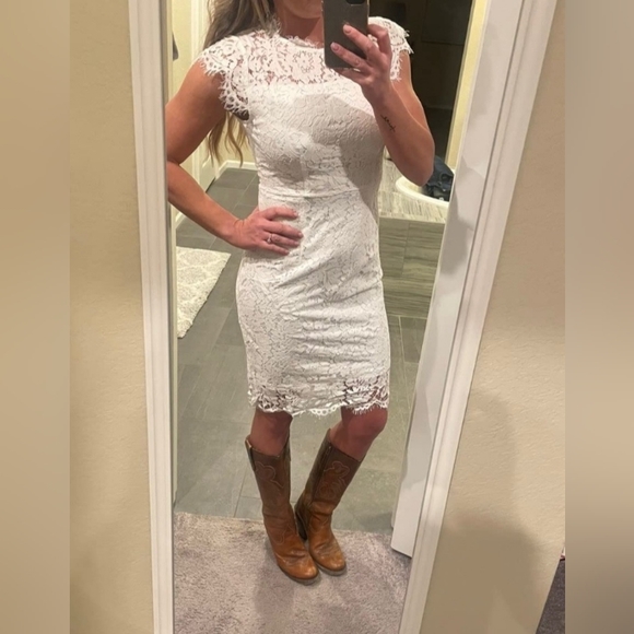 Solid FloralPrint Lace Trimed Bodycon Overlay Mini Dress White - Picture 9 of 12